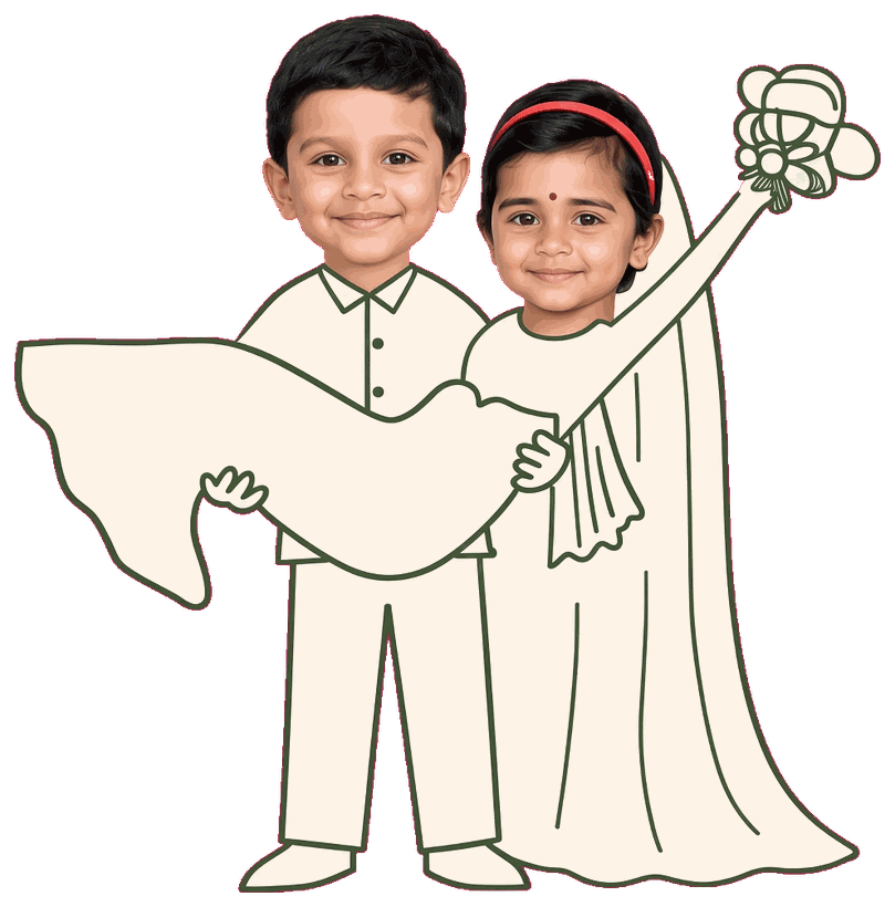 Line illustration of Afin carrying Jisna, who holds a bouquet.