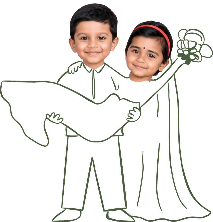 Line illustration of Afin carrying Jisna, who holds a bouquet.